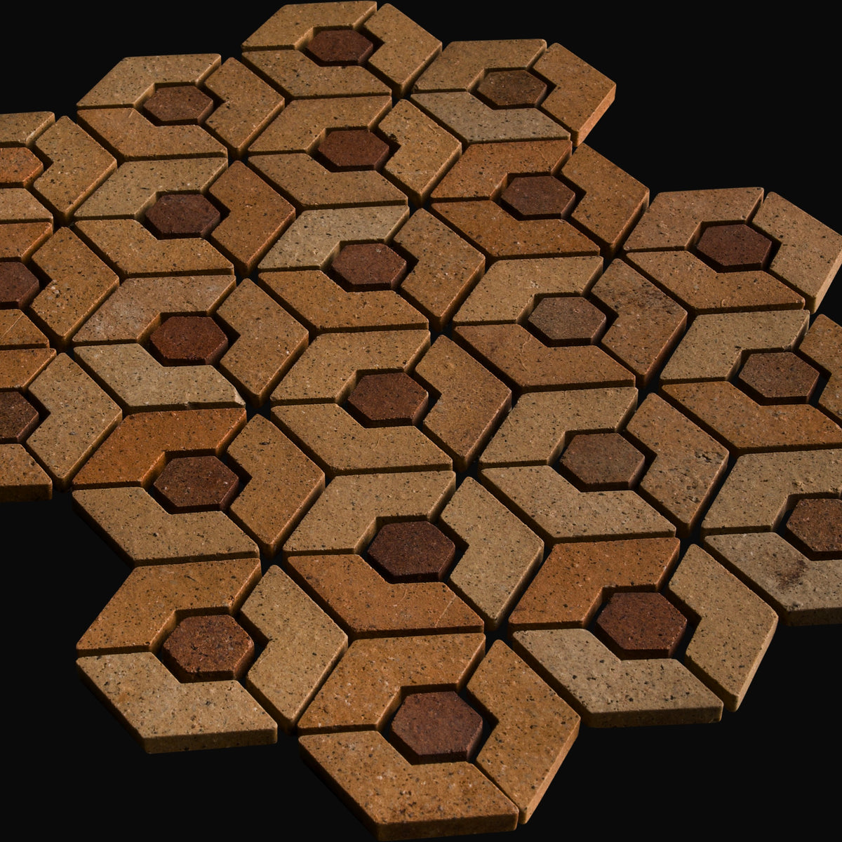 Aya Tortoiseshell Mount Japanese porcelain mosaic wall tile in a custom colour mix (Ochre and Umber shown) – Mittsu Japanese Tiles