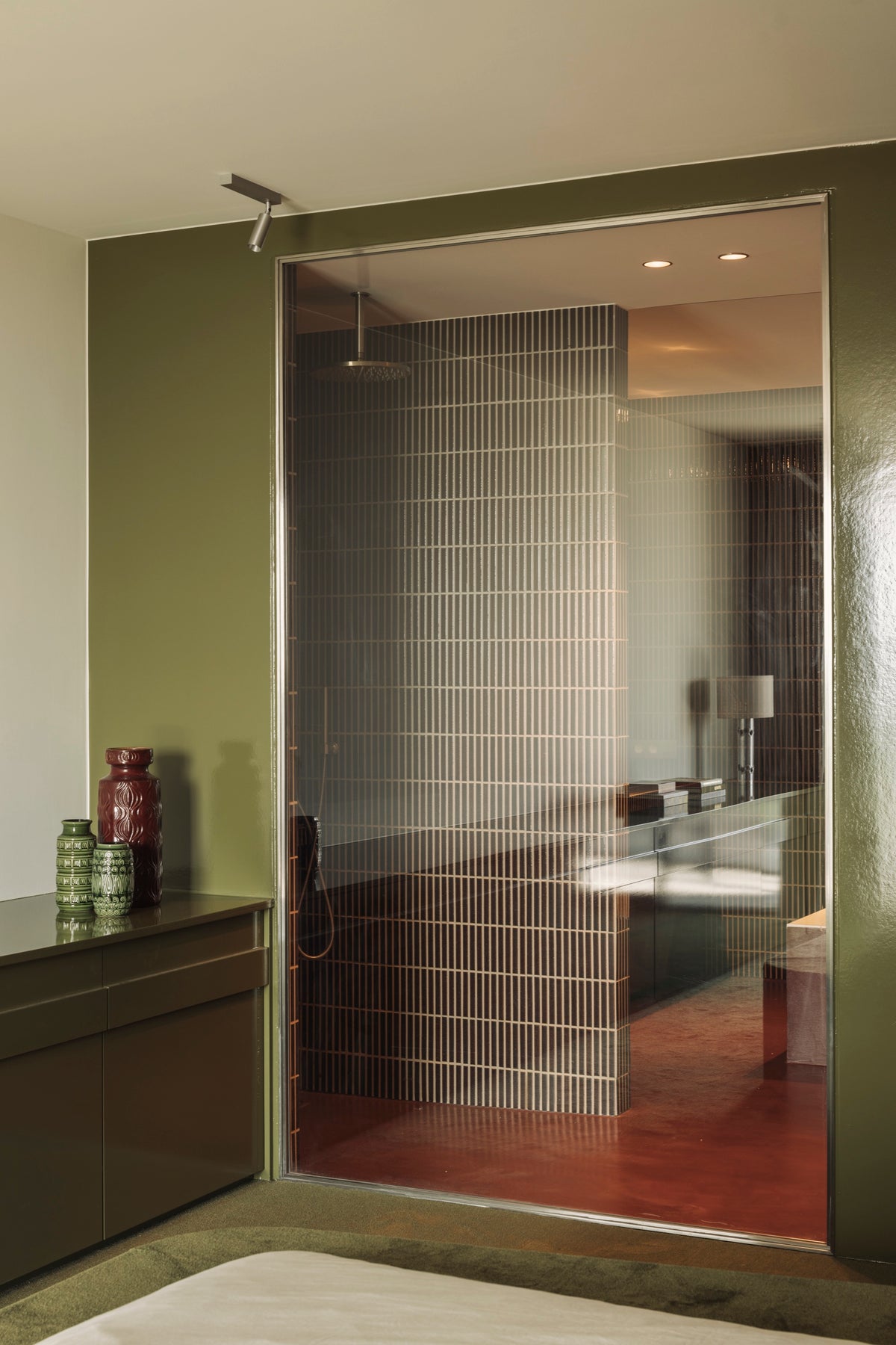 Kaji Border Vintage Green tiles in a penthouse shower in Knokke-Heist