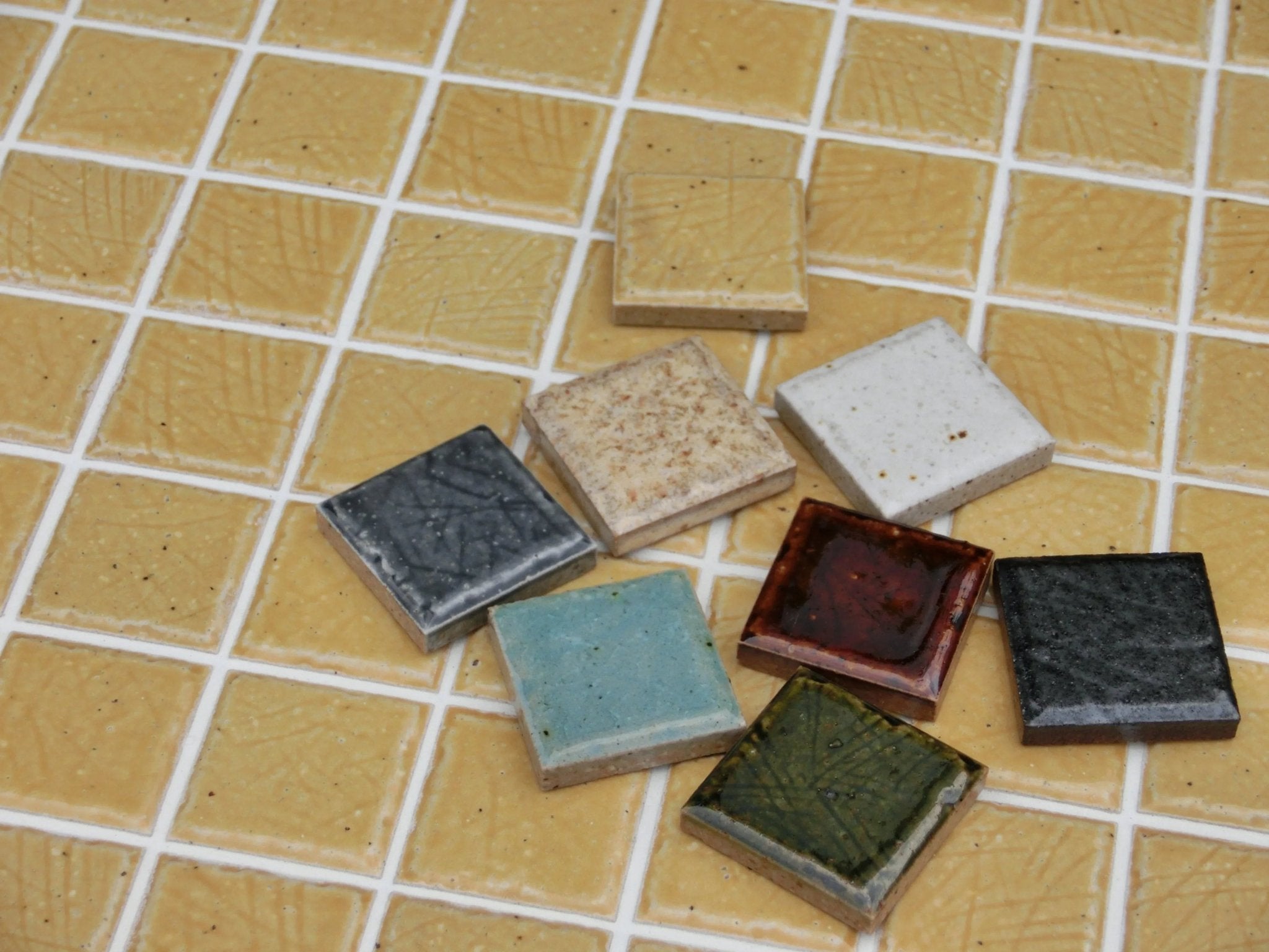 Japanese ceramic wall tiles Kaji Ko Sample in Mustard from Mittsu Japanese Tiles