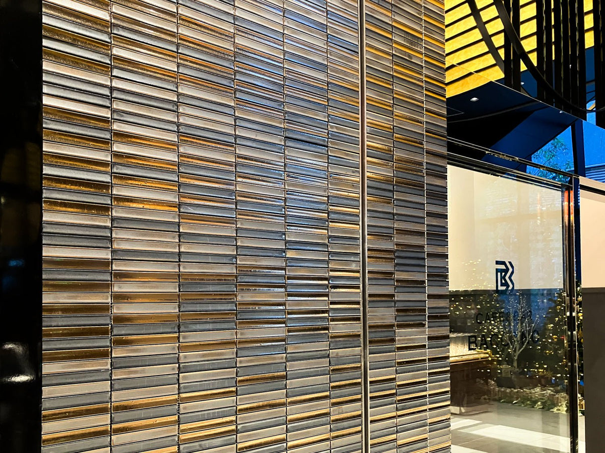 Japanese ceramic wall tiles Kurai Kin Sample in Mosaic from Mittsu Japanese Tiles