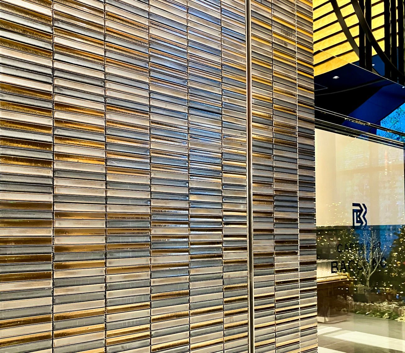 Japanese ceramic wall tiles Kurai Kin Sample in Mosaic from Mittsu Japanese Tiles