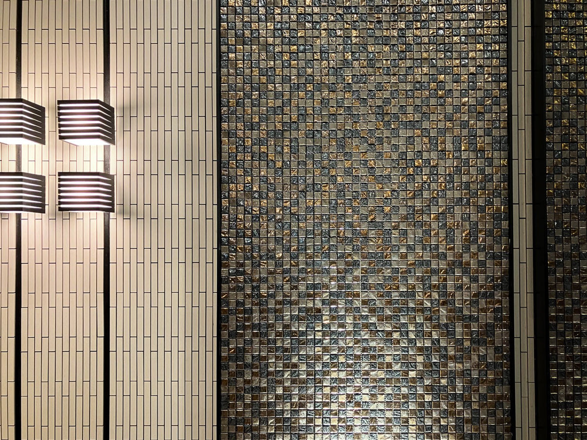Japanese ceramic wall tiles Kurai Kin Sample in Mosaic from Mittsu Japanese Tiles