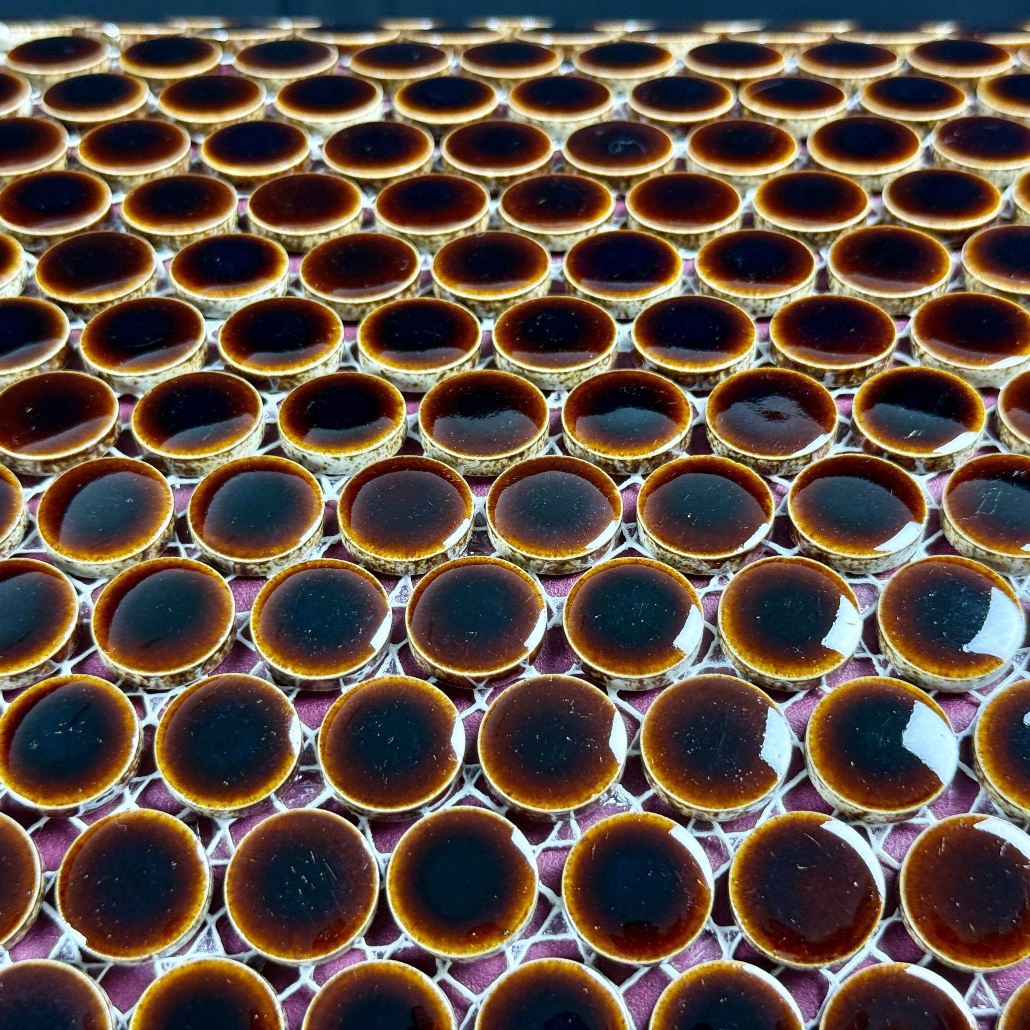 Japanese ceramic wall tiles Maru 19mm in Maroon from Mittsu Japanese Tiles