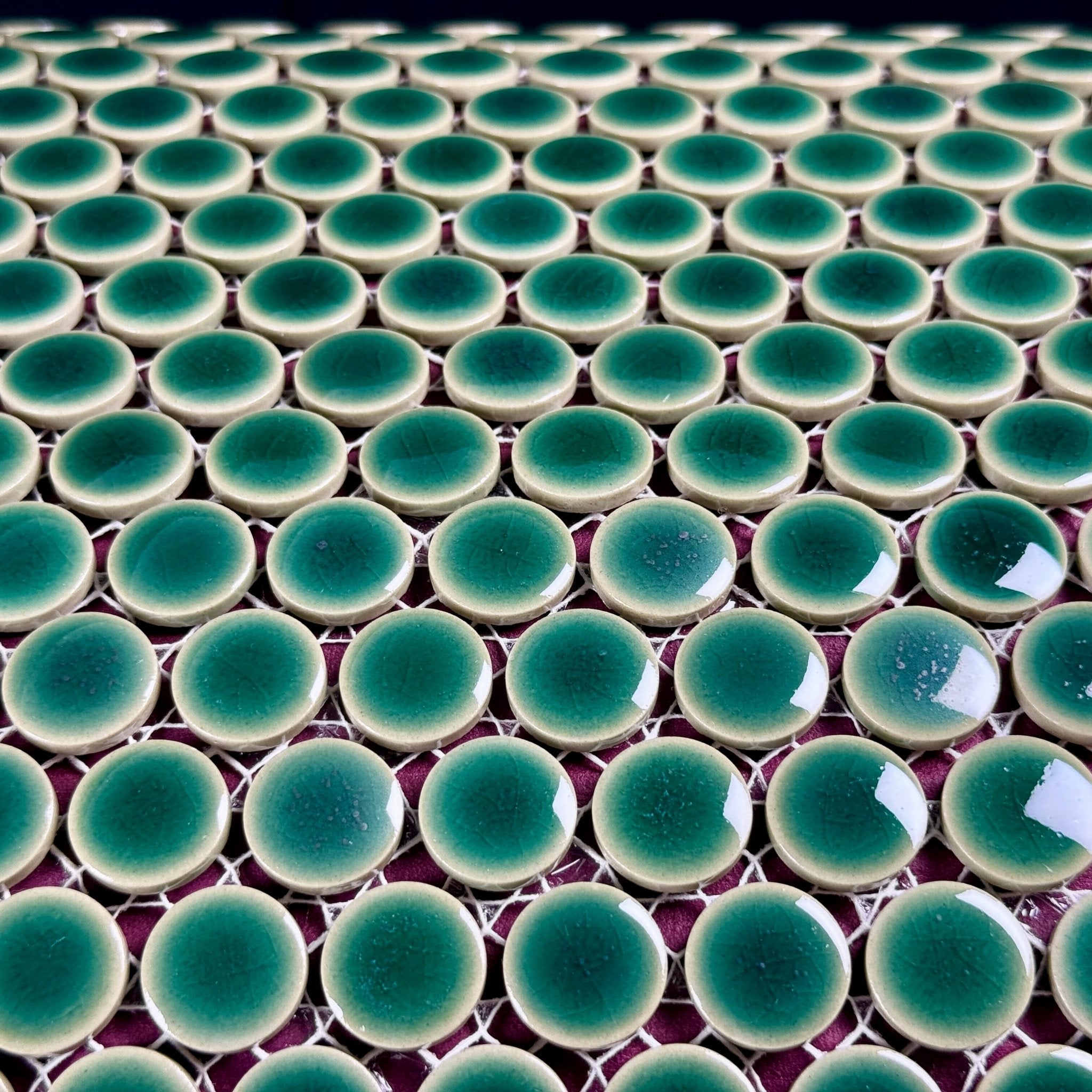 Japanese ceramic wall tiles Maru 19mm in Crackled Green from Mittsu Japanese Tiles