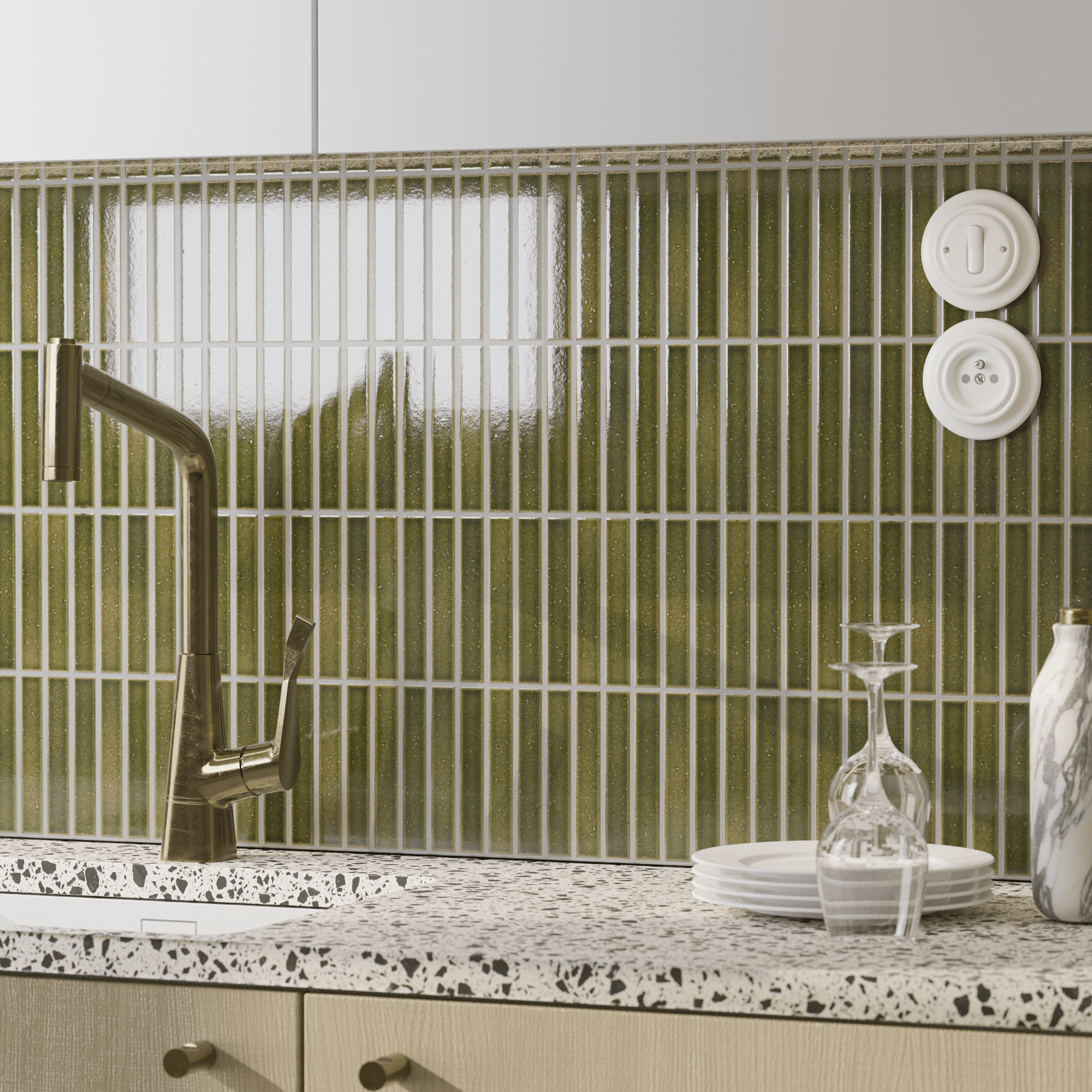 Japanese ceramic wall tiles Kaji Border - Japanese Porcelain Wall Tile (UAE) in Vintage Green from Mittsu Japanese Tiles