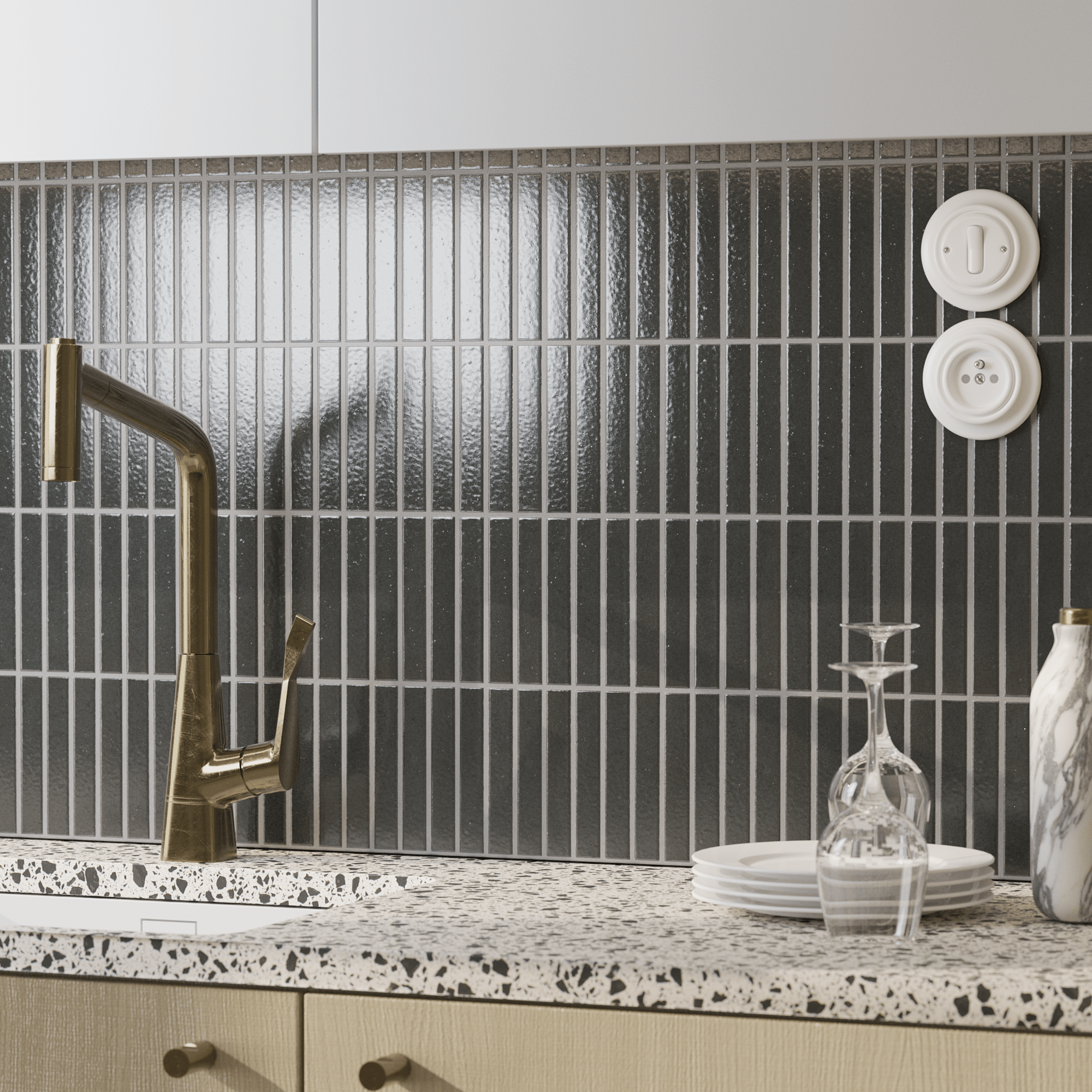Japanese ceramic wall tiles Kaji Border - Japanese Porcelain Wall Tile (UAE) in Wrought Iron from Mittsu Japanese Tiles