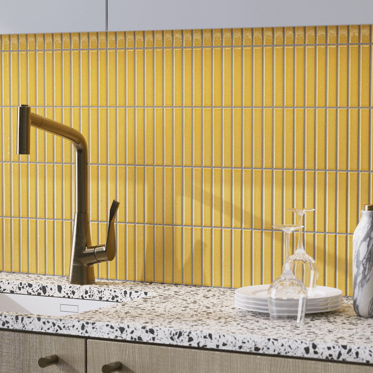 Japanese ceramic wall tiles Kaji Border - Japanese Porcelain Wall Tile (UAE) in Mustard from Mittsu Japanese Tiles