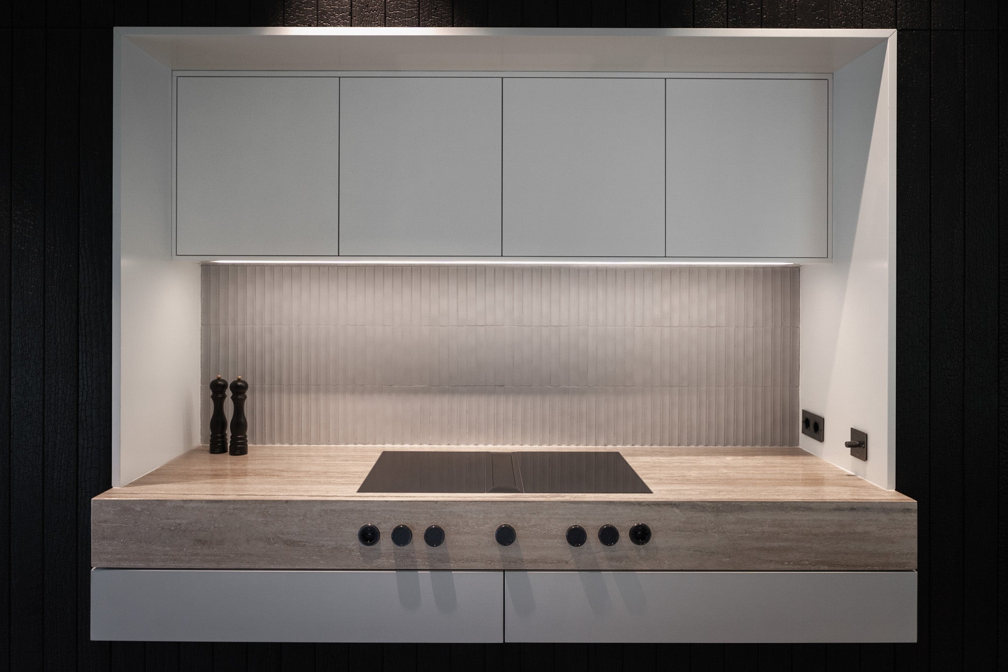 Ka-Bu Matt White Japanese Tiles with Yakisugi Timber Kitchen - Mittsu - Japanese Tiles