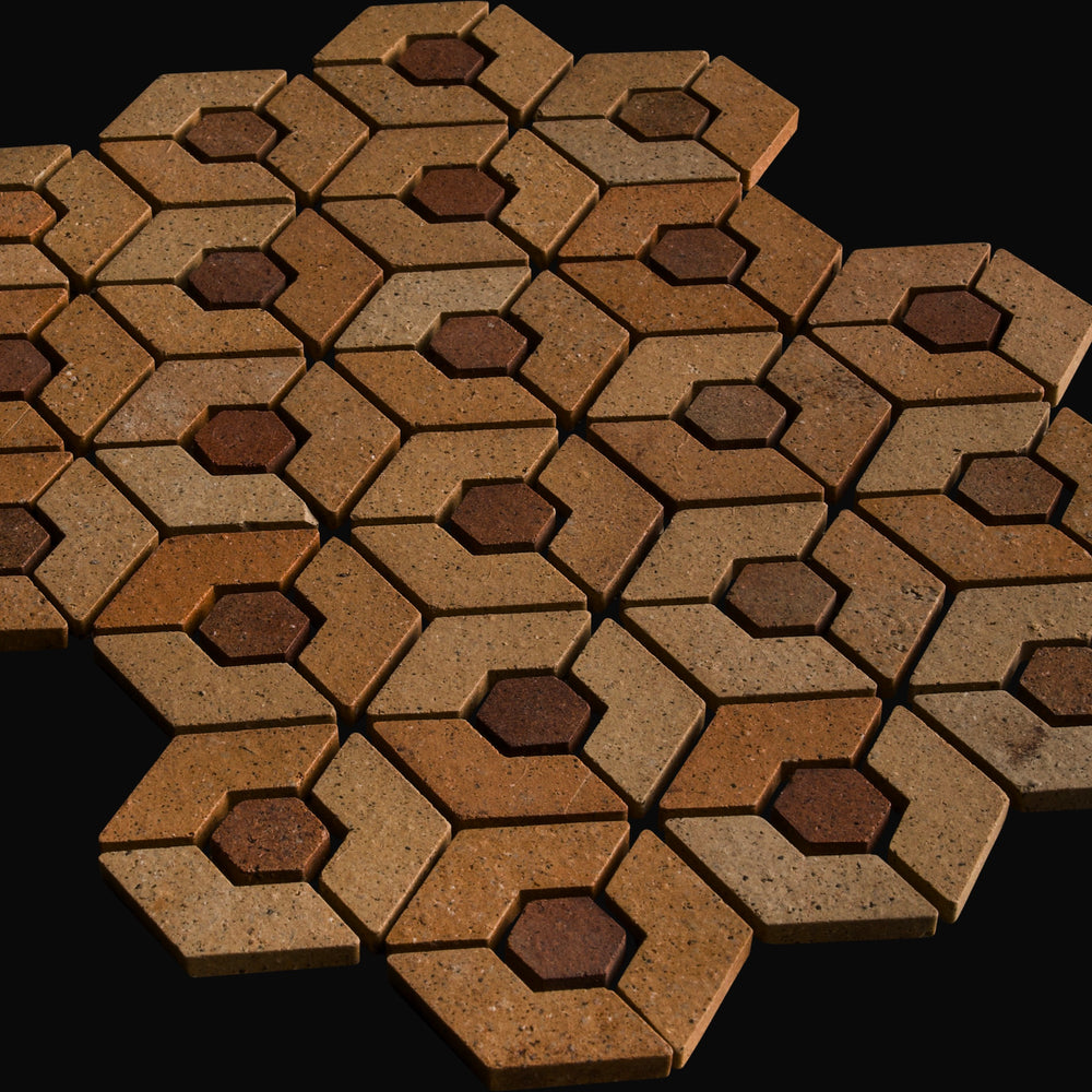 Aya Tortoiseshell Mount Japanese porcelain mosaic wall tile in a custom colour mix (Ochre and Umber shown) – Mittsu Japanese Tiles