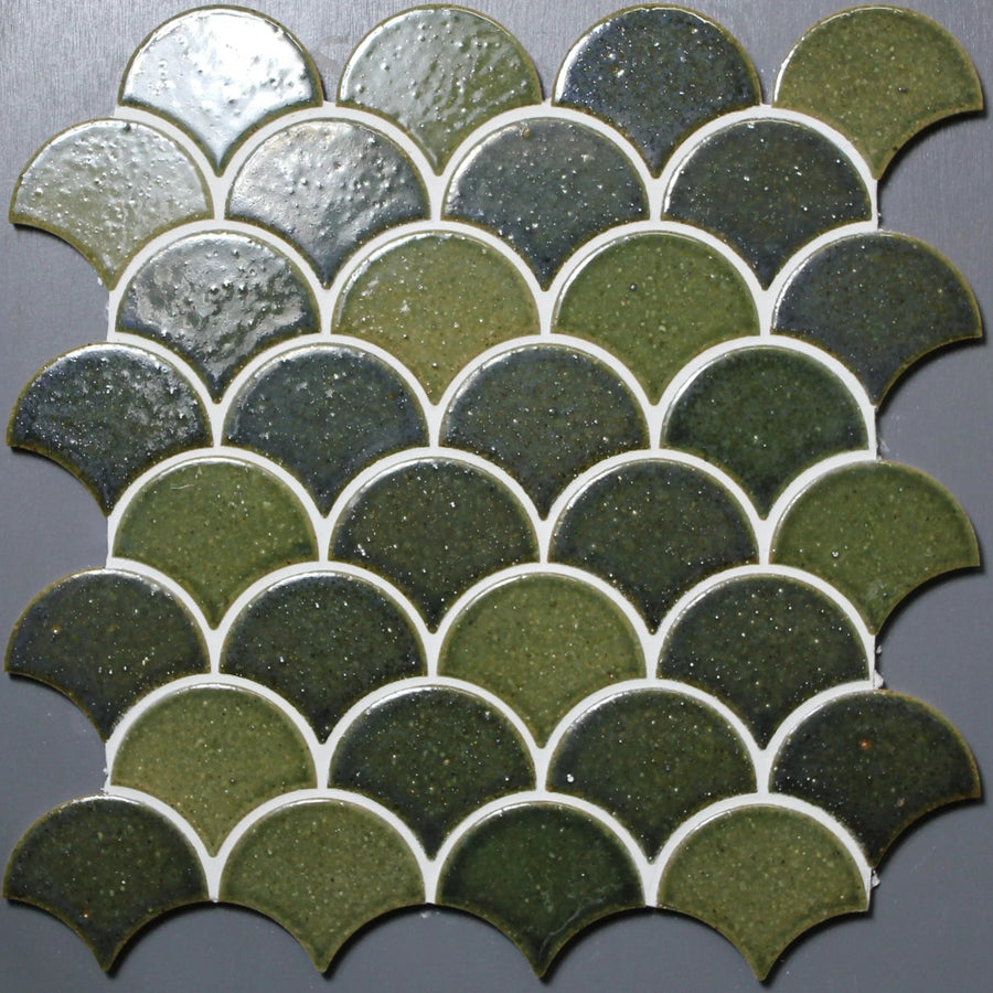 Japanese porcelain wall tiles Kaji Hamon sample in Vintage Green from the Kaji family by Mittsu Japanese Tiles