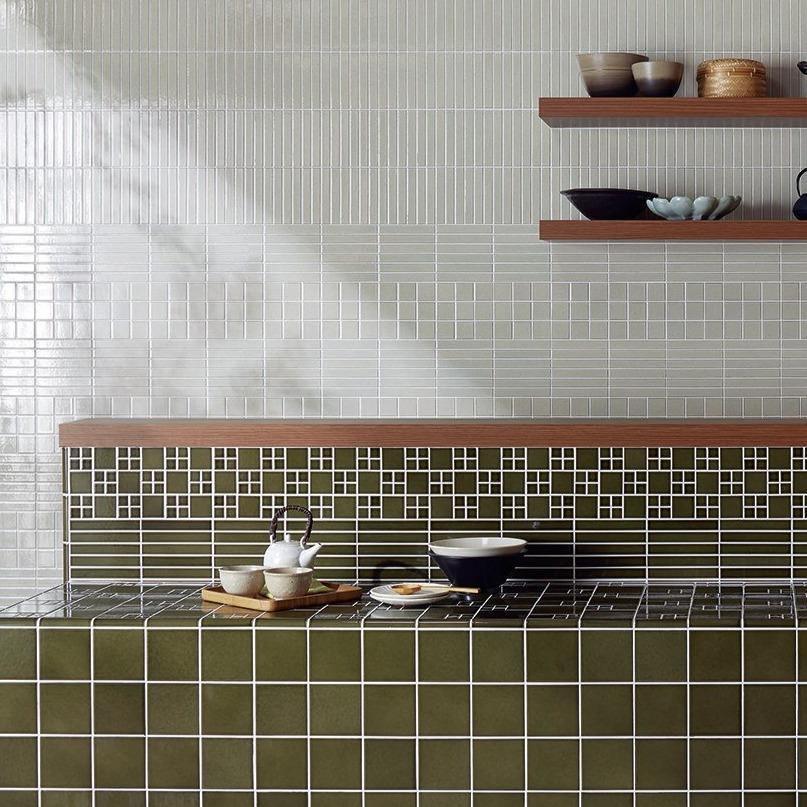 Japanese ceramic wall tiles Biyusai Sample in Moss Green from Mittsu Japanese Tiles