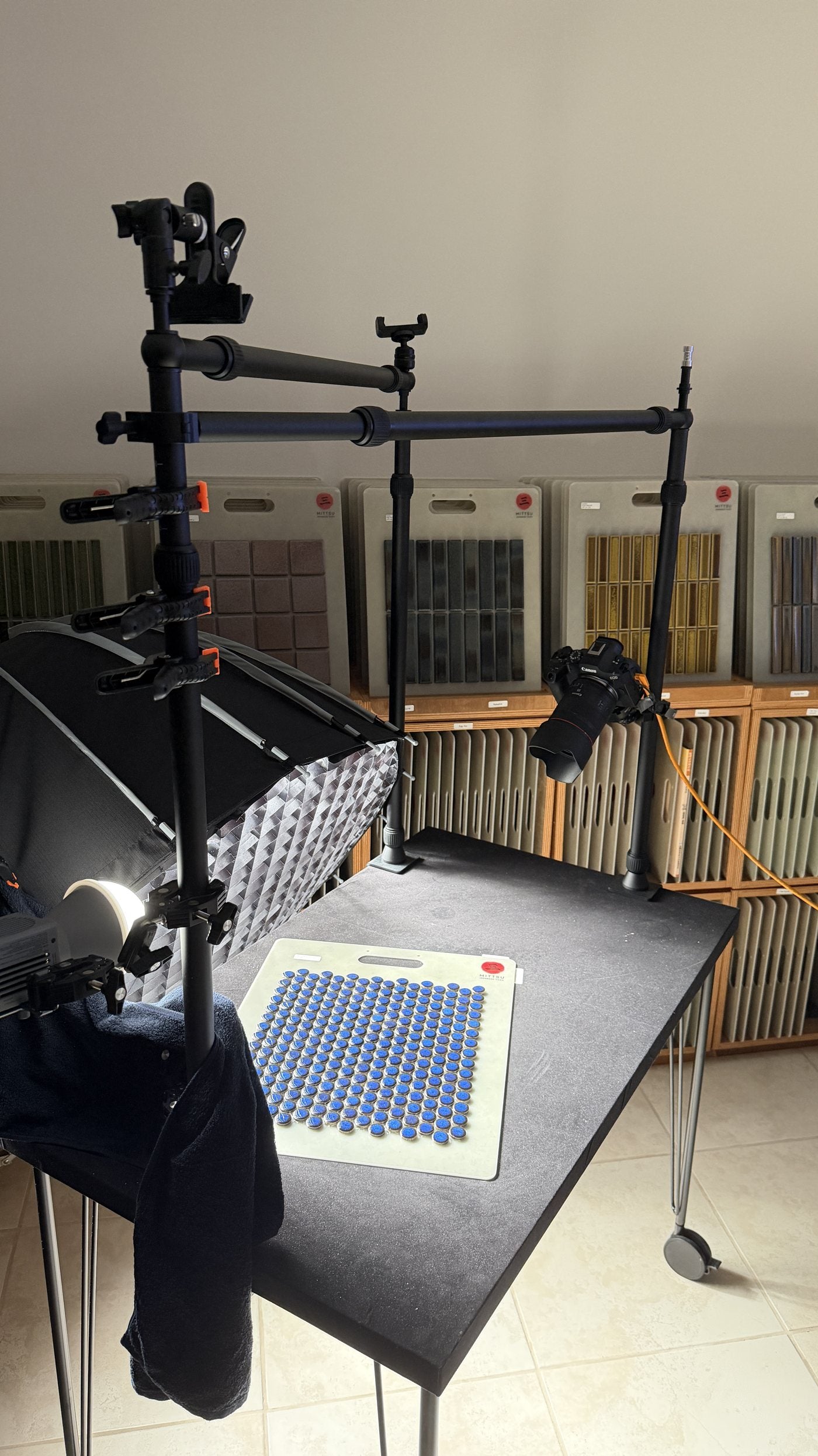 Full view of the fixed Mittsu tile photography rig with camera, lights and tile sheet