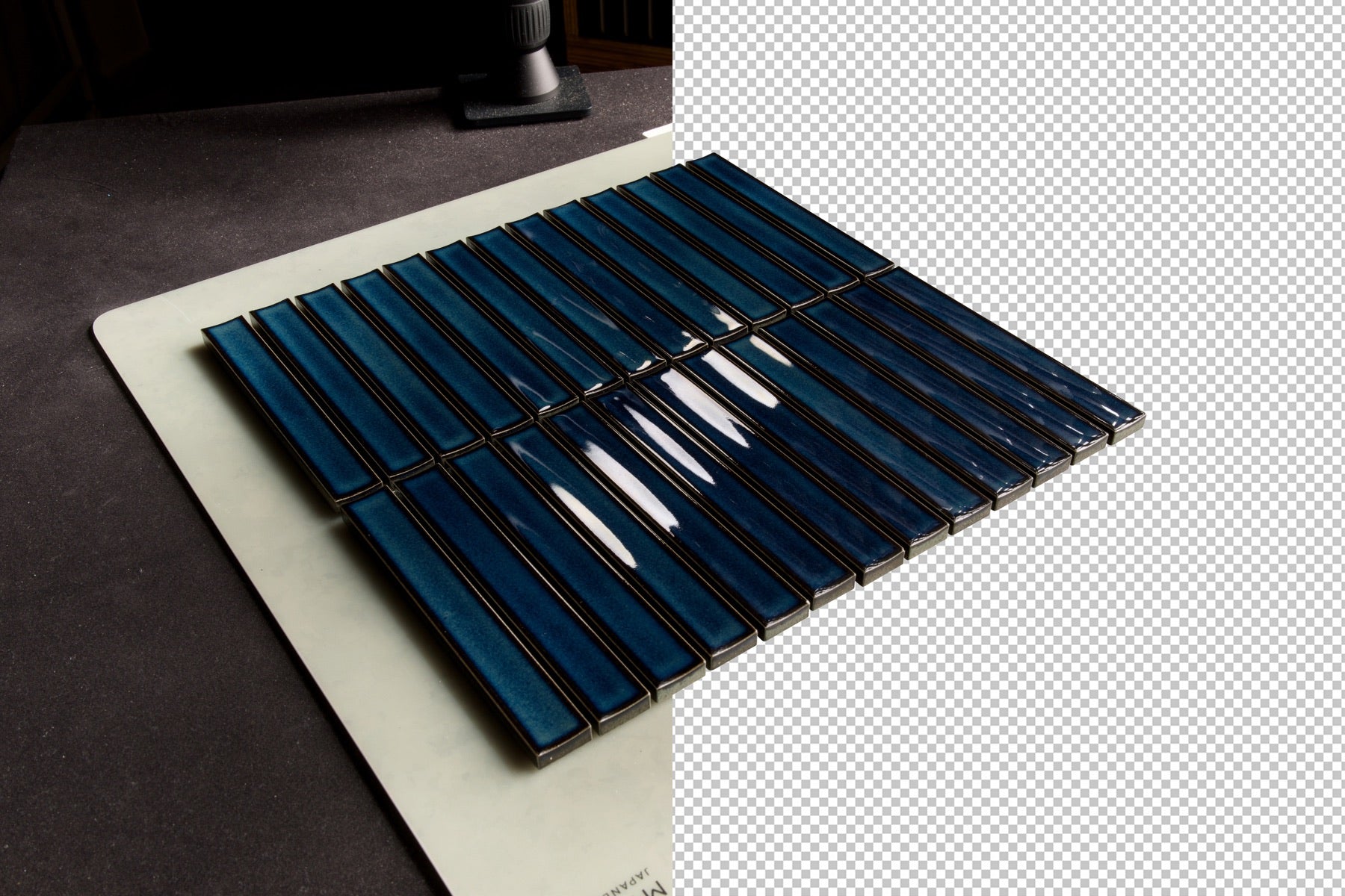 Yuki Border Blue photograph partially cut out, with the original studio background on the left and transparency on the right